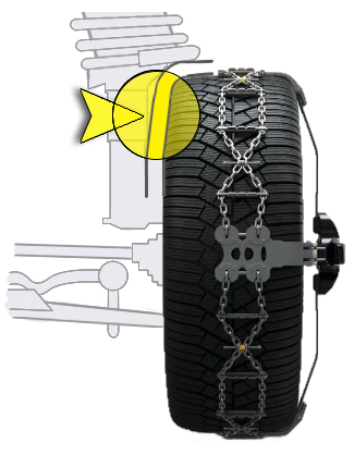 K-Summit snow chain with limited clearance behind the wheel